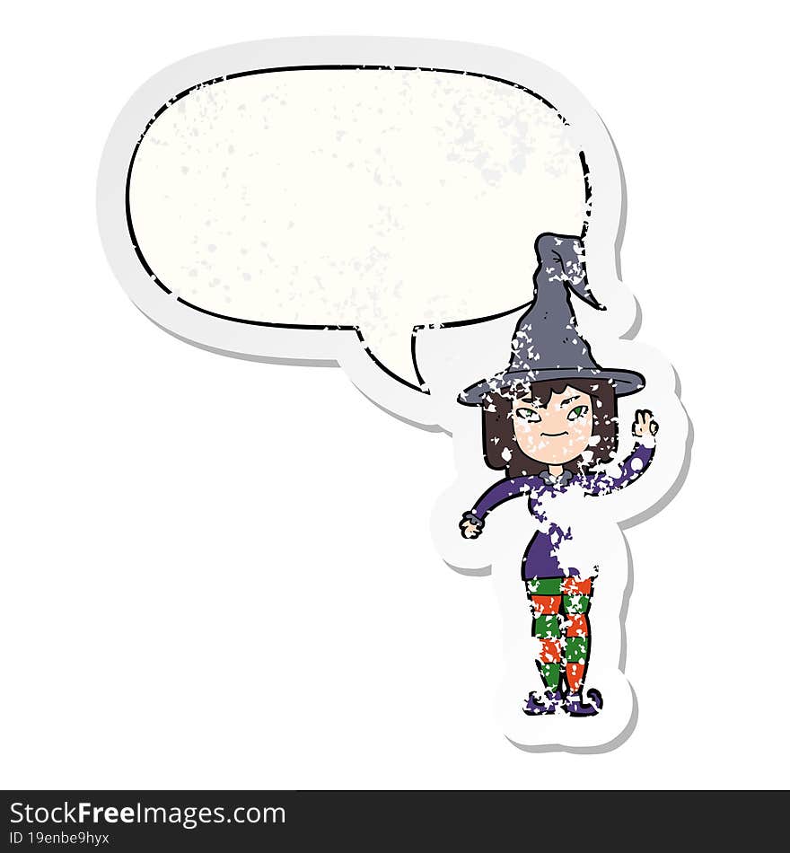 Cartoon Witch And Speech Bubble Distressed Sticker