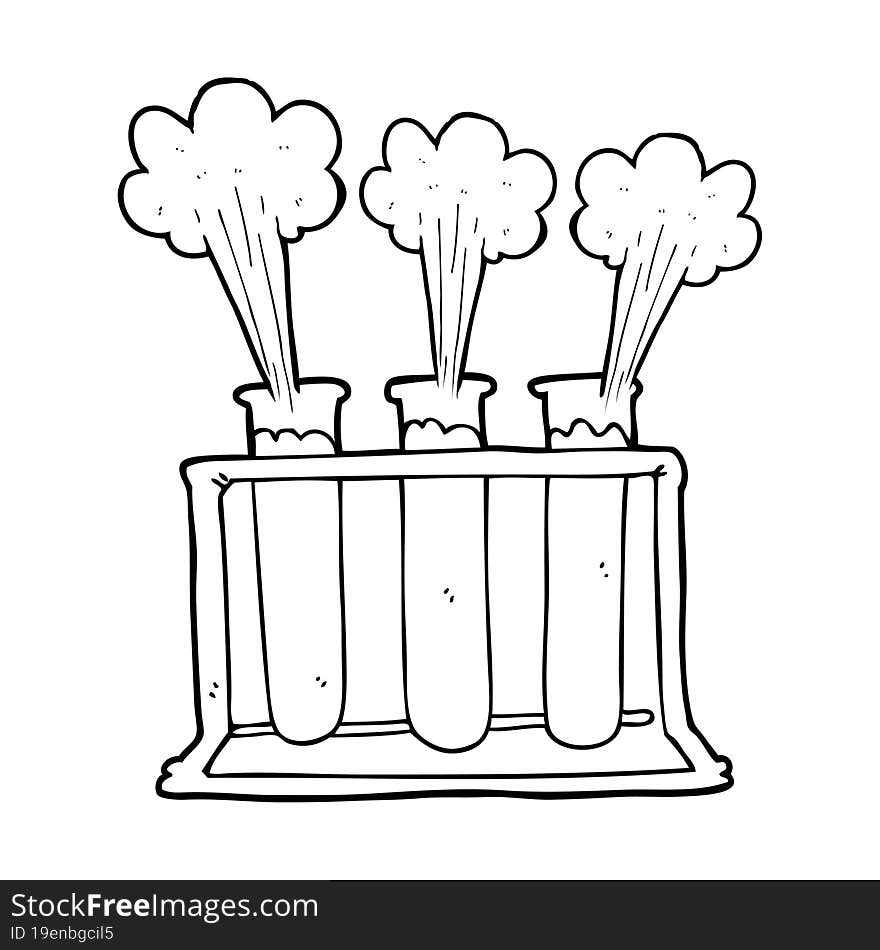 freehand drawn black and white cartoon rack of test tubes exploding