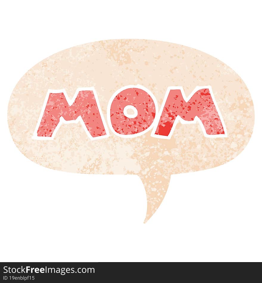 cartoon word mom and speech bubble in retro textured style