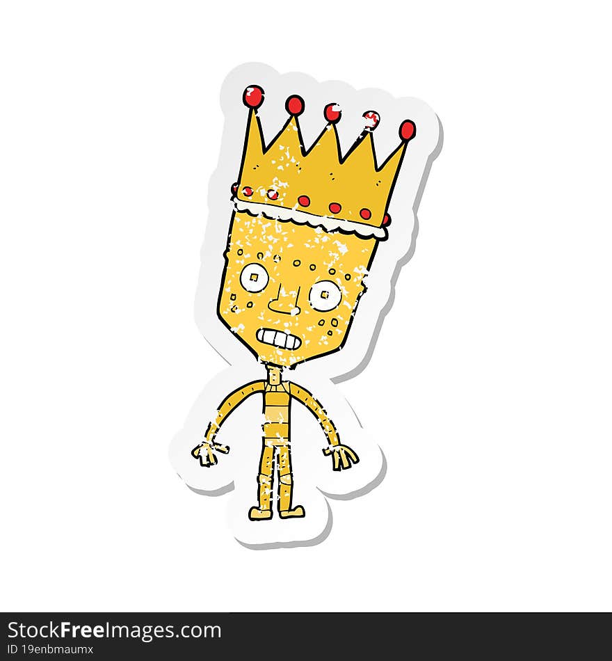 retro distressed sticker of a cartoon robot with crown