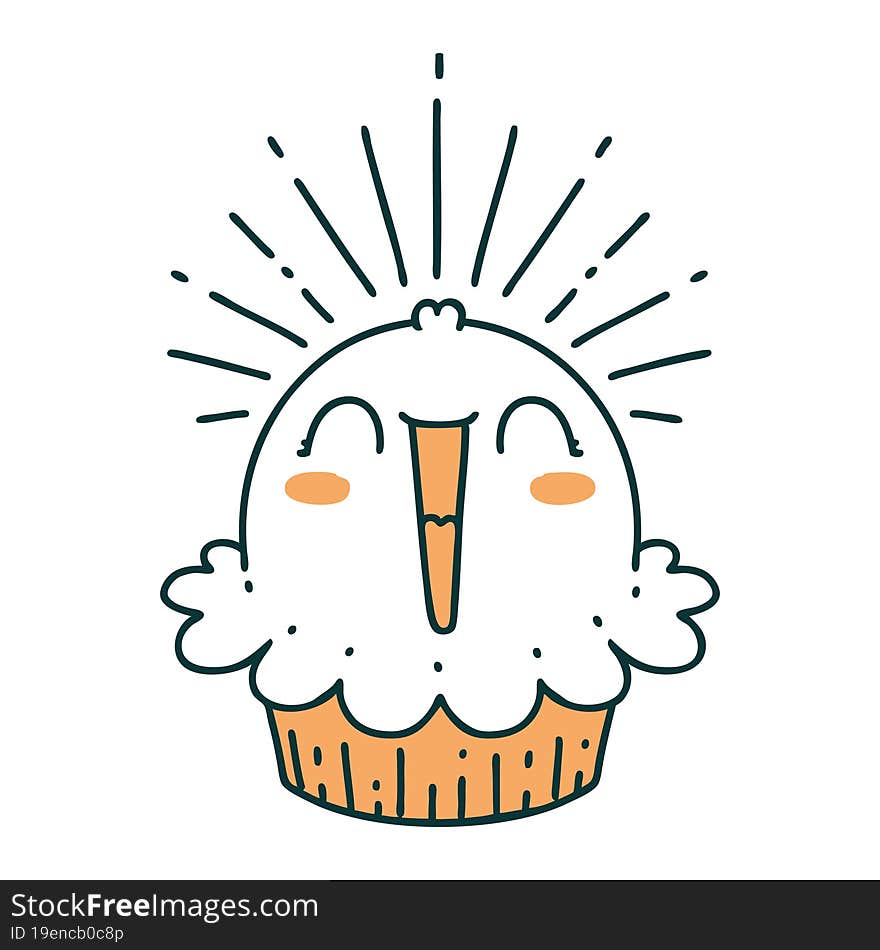 illustration of a traditional tattoo style happy singing cupcake