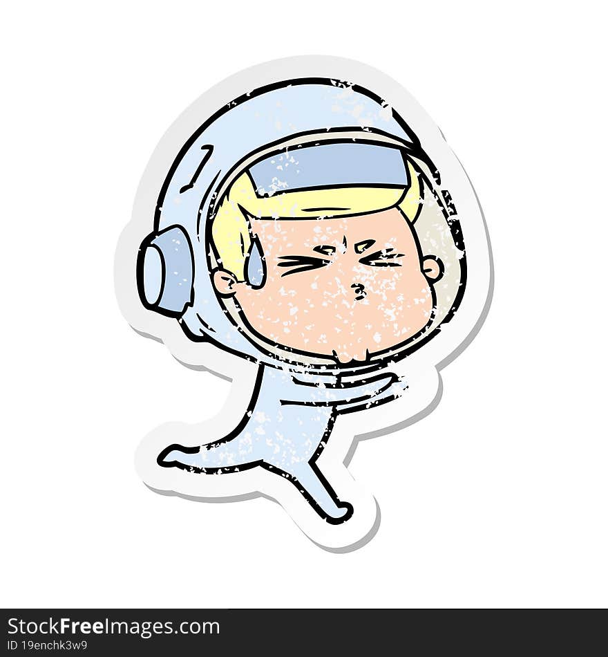 distressed sticker of a cartoon stressed astronaut