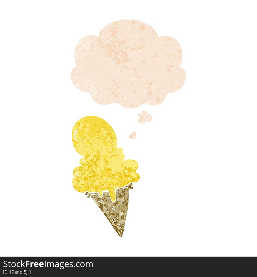 Cartoon Ice Cream And Thought Bubble In Retro Textured Style