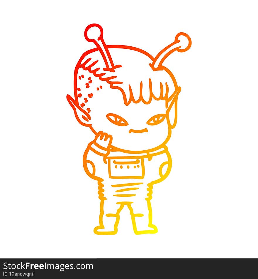 warm gradient line drawing of a cute cartoon alien girl