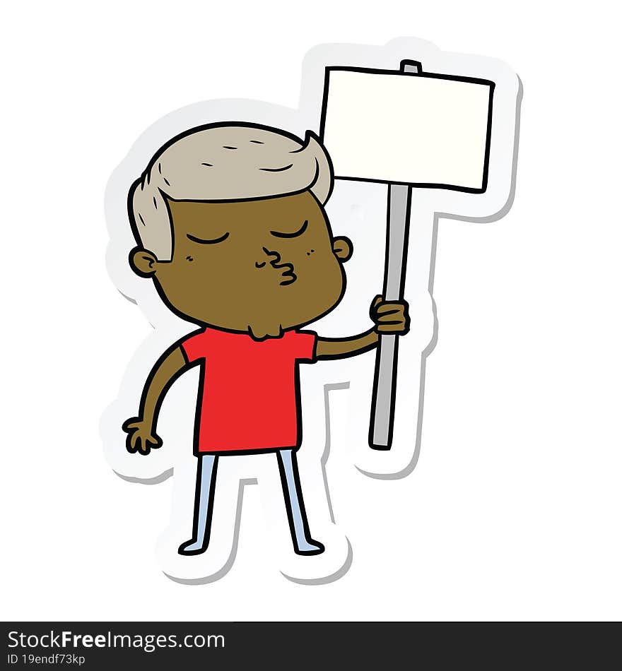 sticker of a cartoon model guy pouting with sign