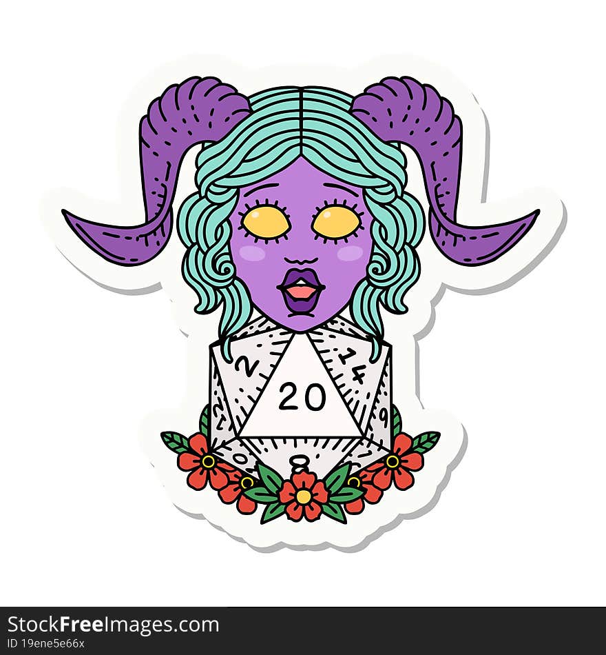 sticker of a tiefling with natural twenty dice roll. sticker of a tiefling with natural twenty dice roll