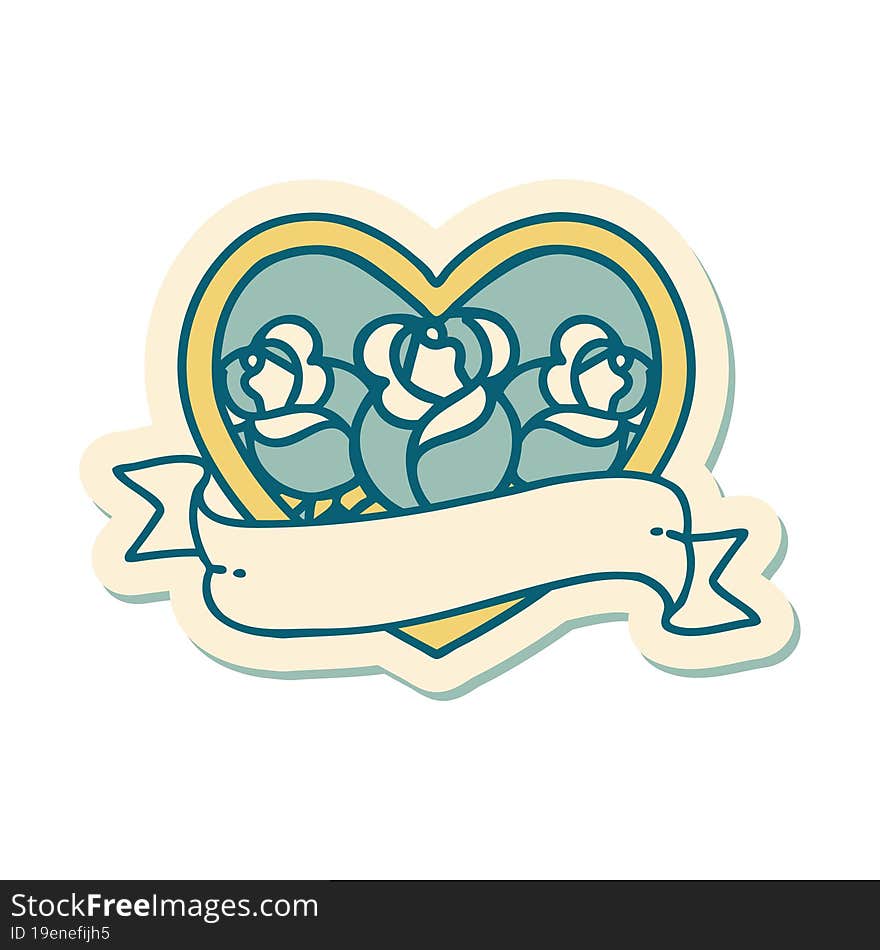 sticker of tattoo in traditional style of a heart and banner with flowers. sticker of tattoo in traditional style of a heart and banner with flowers