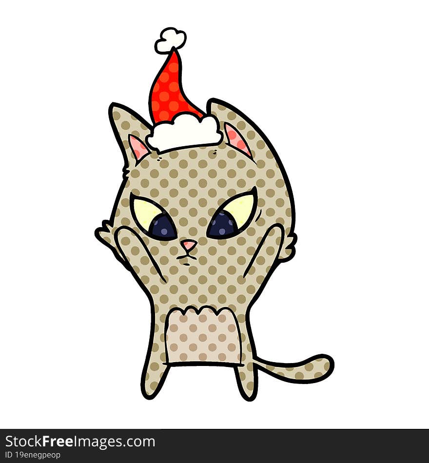 confused comic book style illustration of a cat wearing santa hat