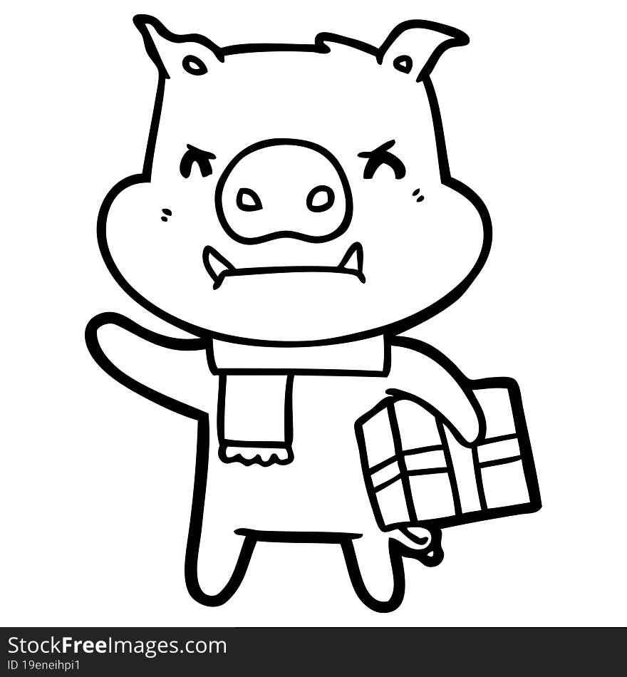 angry cartoon pig with christmas gift. angry cartoon pig with christmas gift