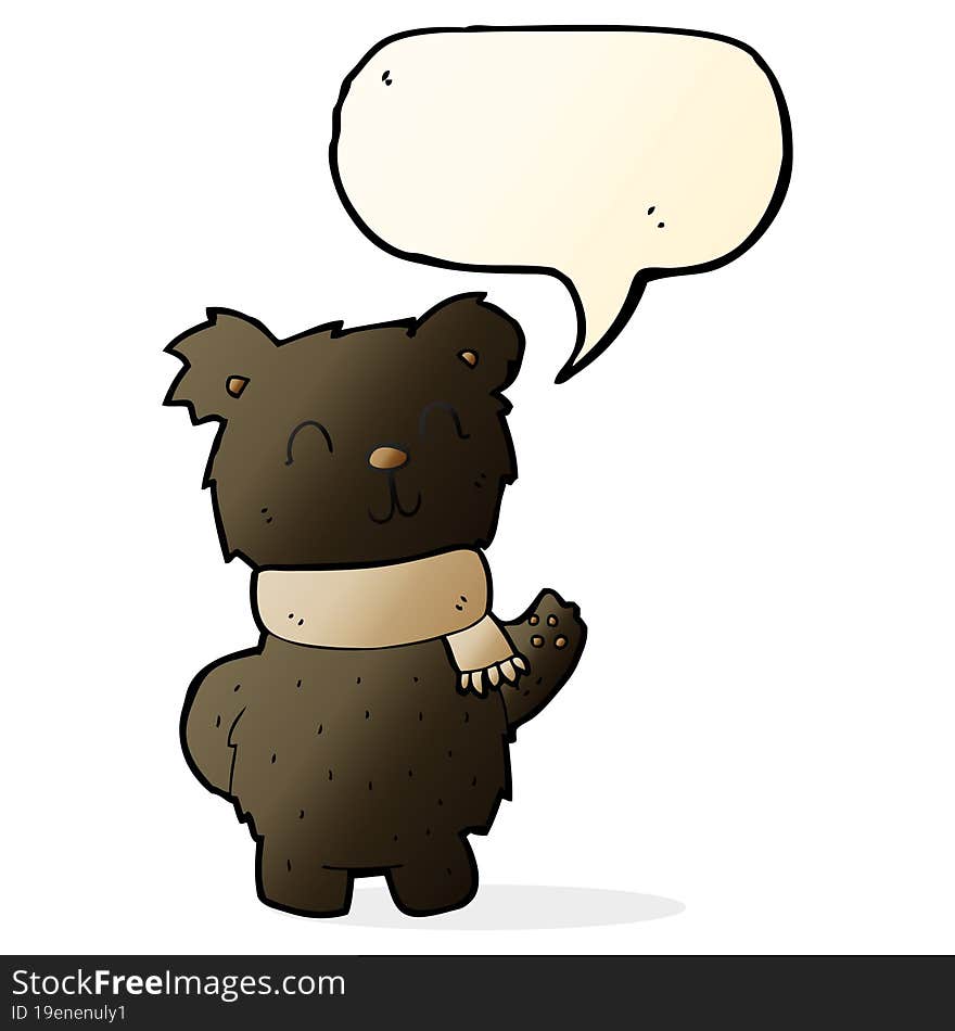 cartoon waving black bear with speech bubble