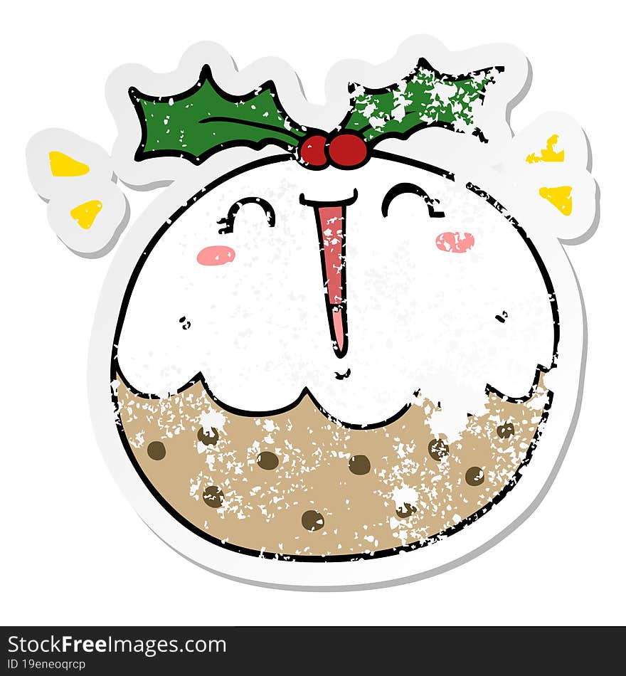 distressed sticker of a cute cartoon christmas pudding