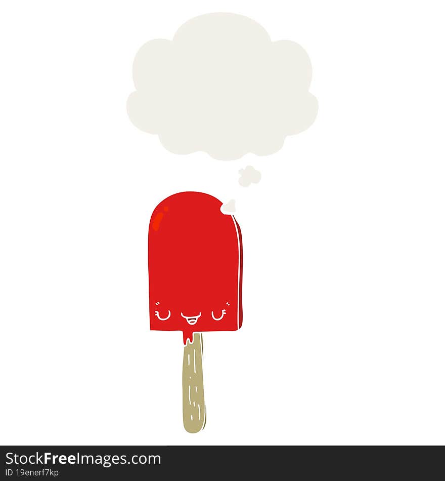 cartoon ice lolly with thought bubble in retro style