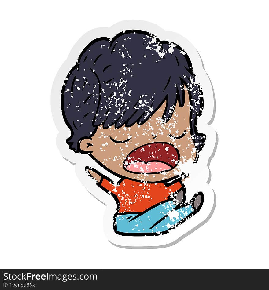 distressed sticker of a cartoon woman talking