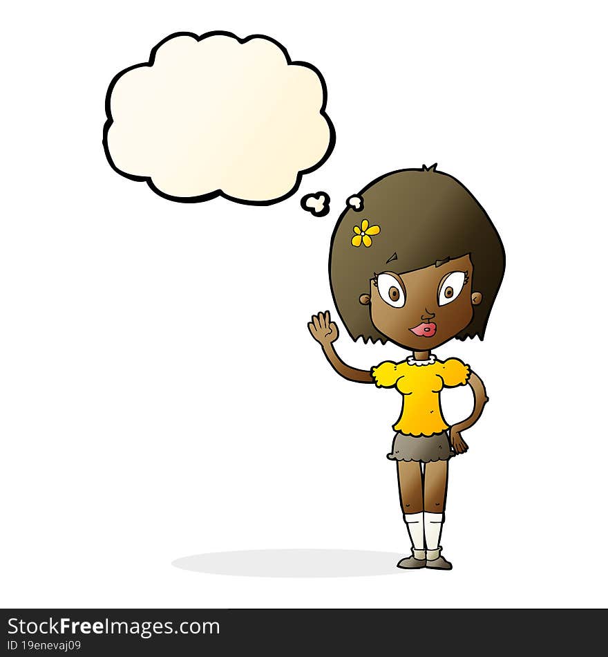 cartoon pretty girl waving with thought bubble