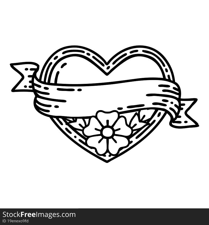 tattoo in black line style of a heart and banner with flowers. tattoo in black line style of a heart and banner with flowers