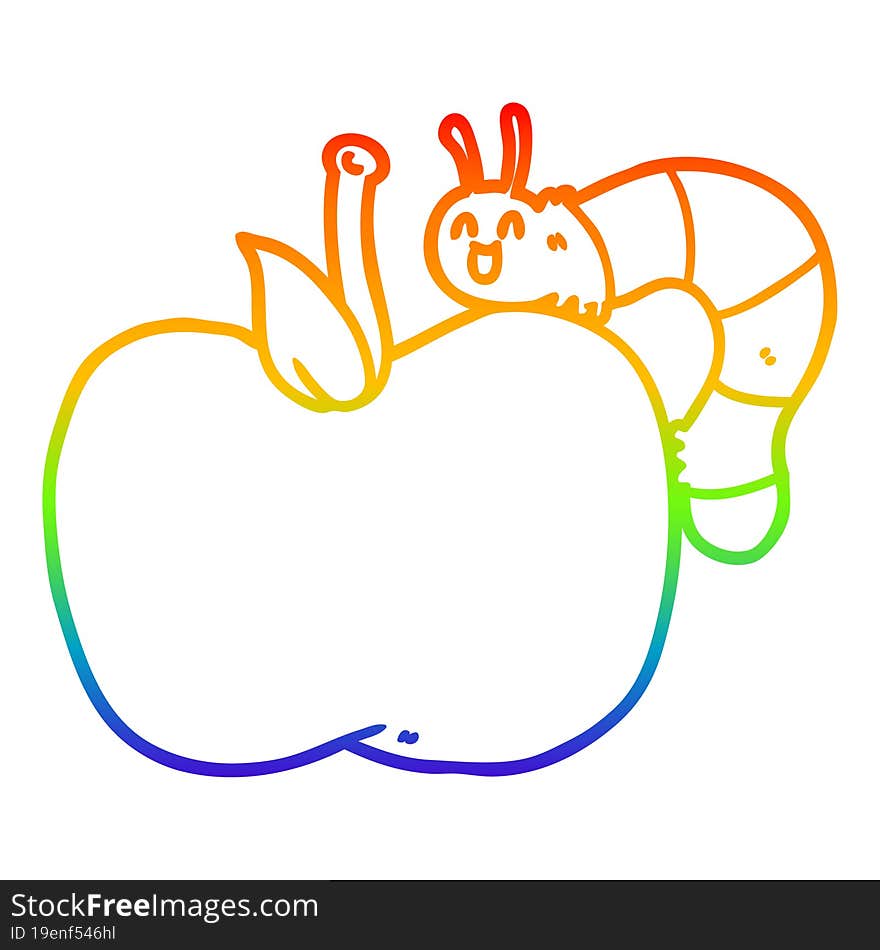 rainbow gradient line drawing cartoon apple and bug