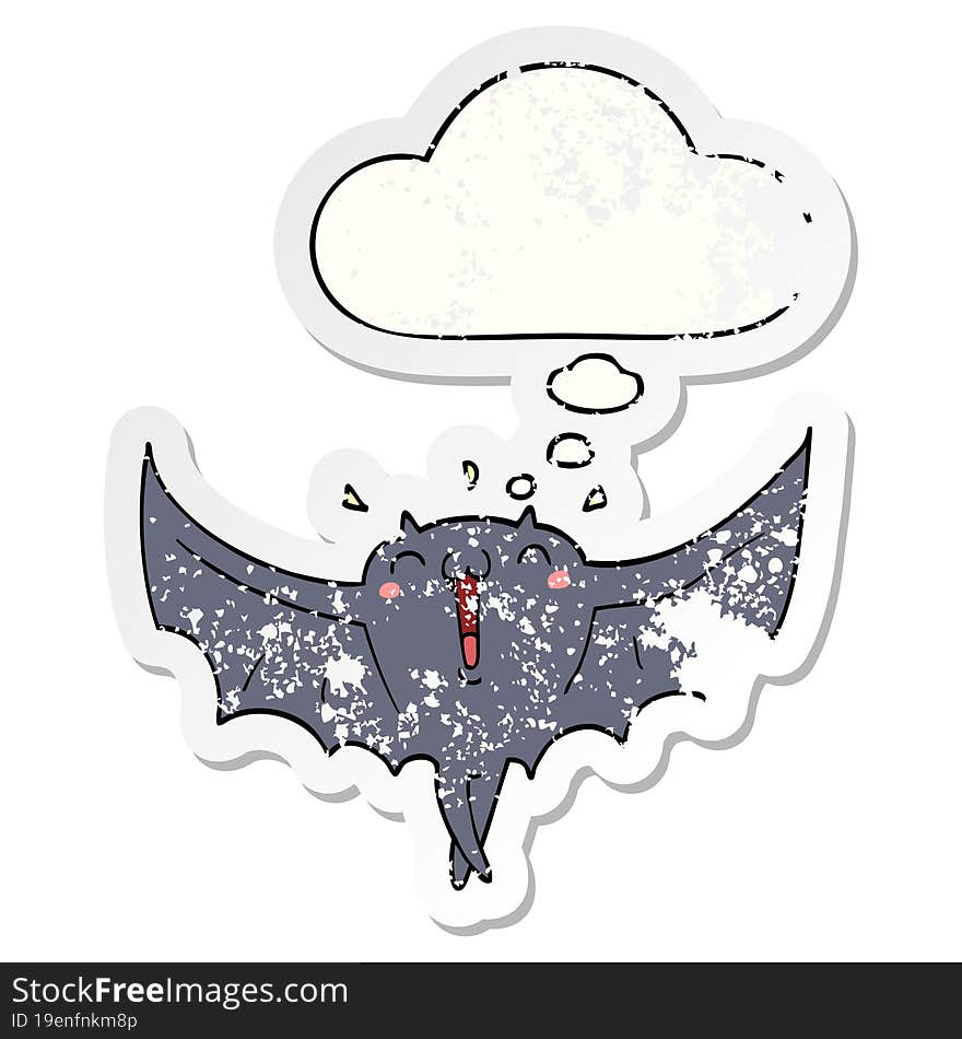 cartoon happy vampire bat and thought bubble as a distressed worn sticker