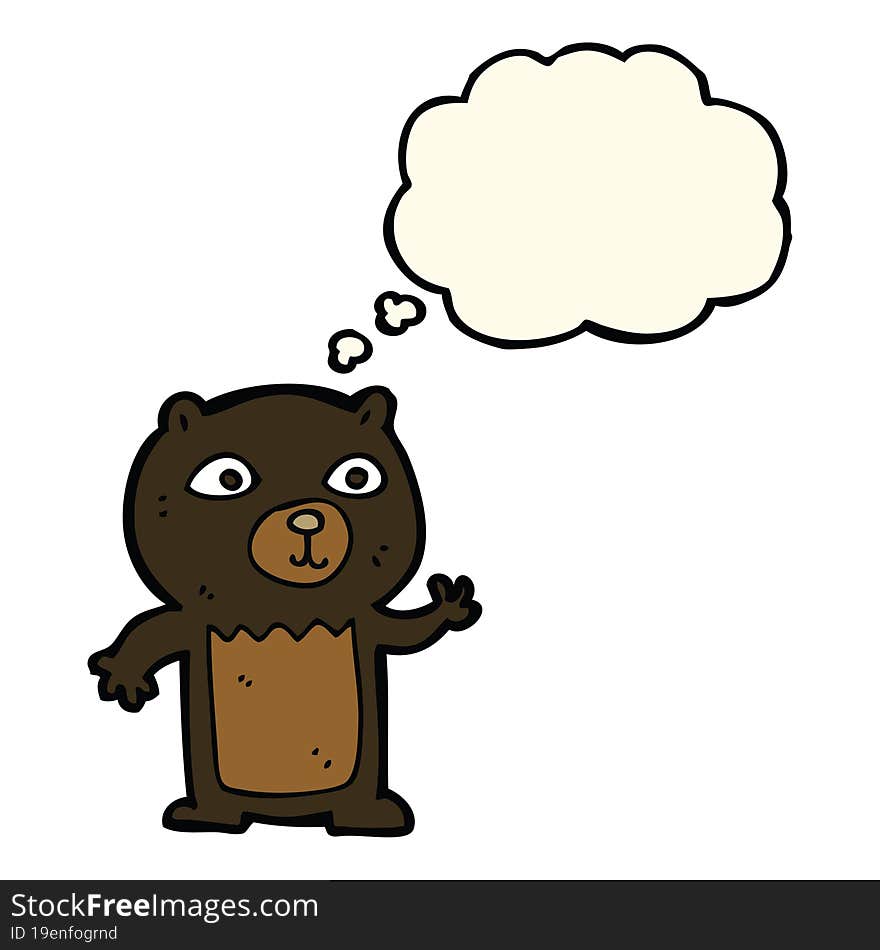 cartoon waving black bear cub with thought bubble