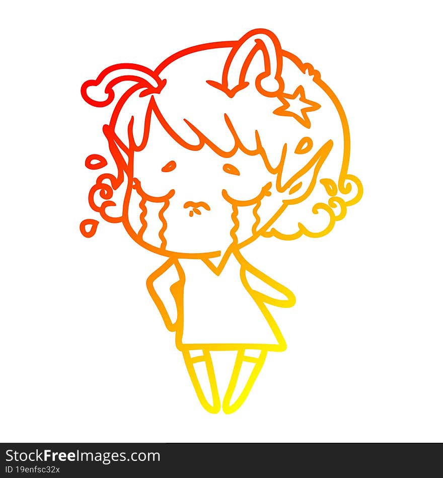 warm gradient line drawing cartoon crying alien girl