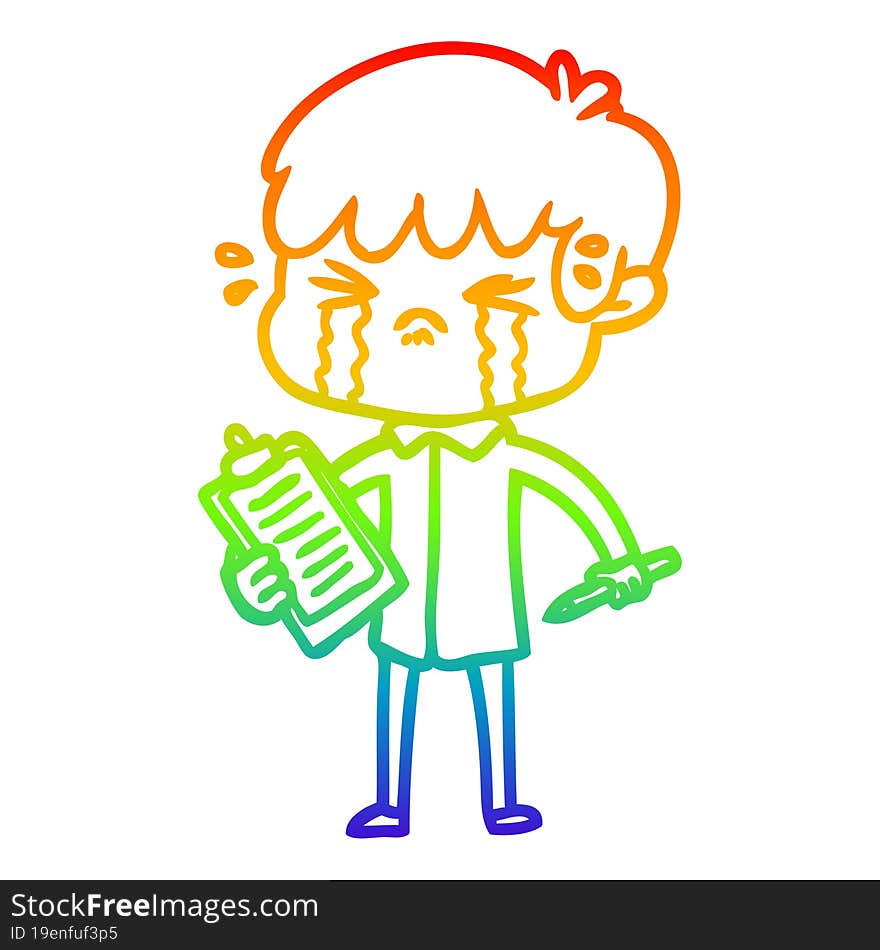 rainbow gradient line drawing of a cartoon boy crying