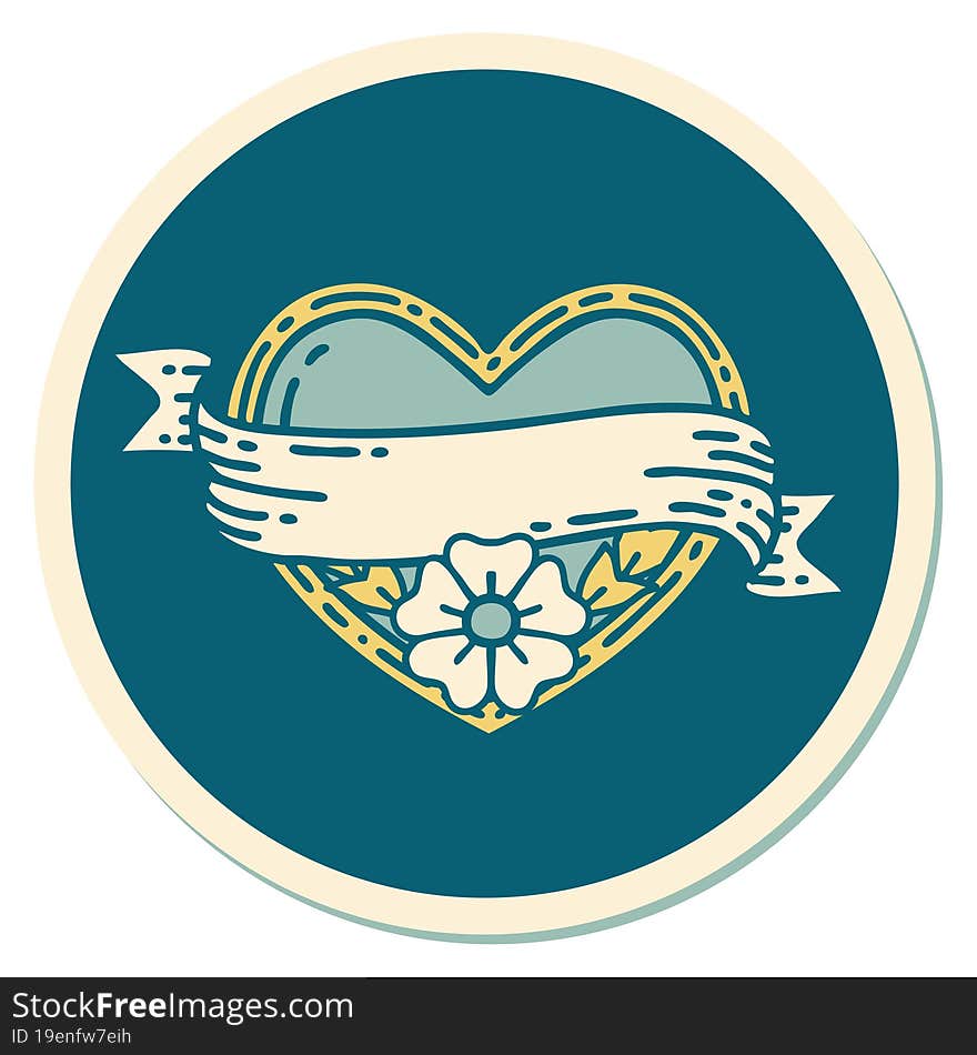 Tattoo Style Sticker Of A Heart And Banner With Flowers