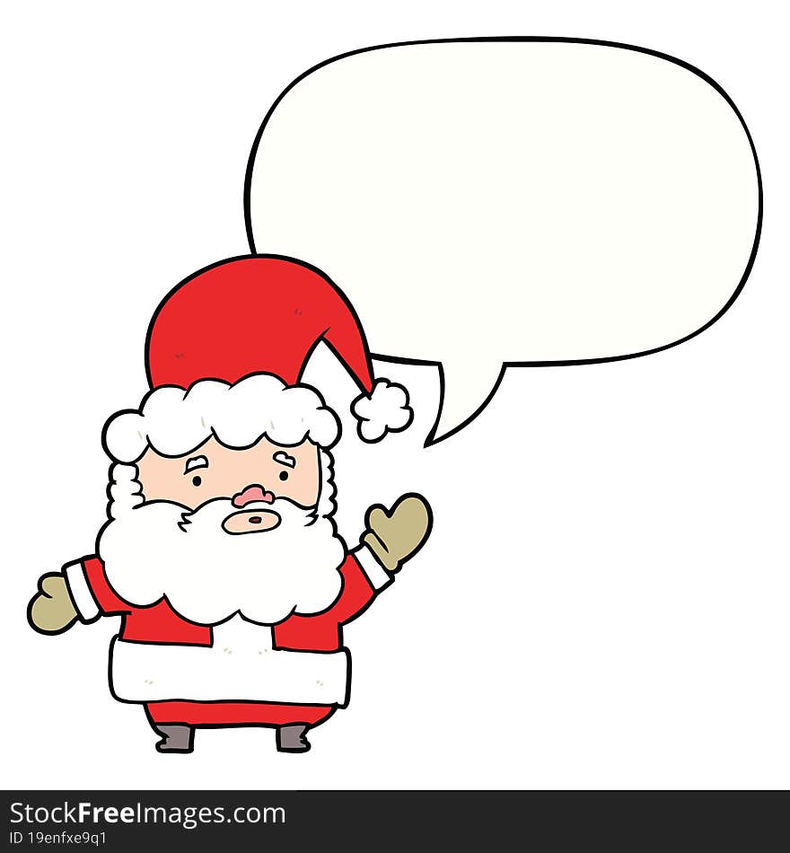 cartoon santa claus waving and speech bubble