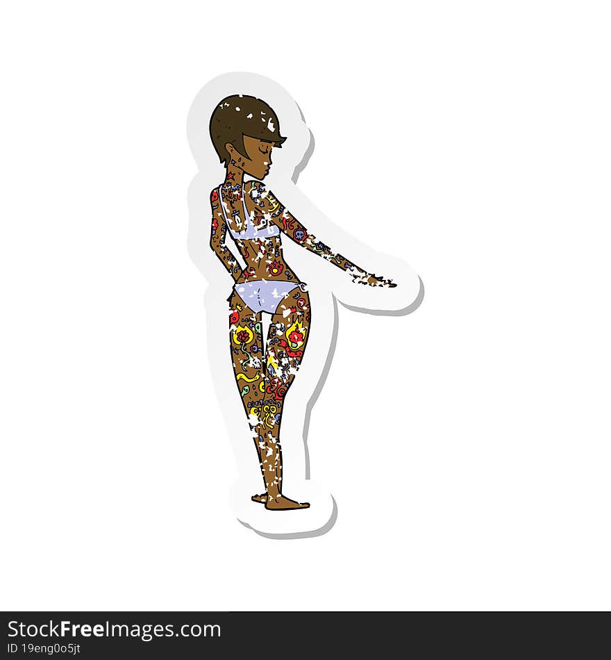 retro distressed sticker of a cartoon bikini girl covered in tattoos