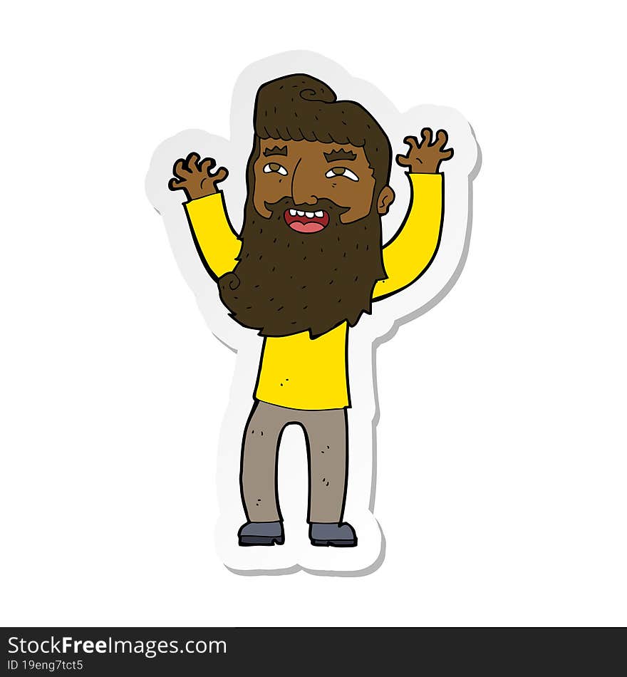 Sticker Of A Cartoon Happy Bearded Man Waving Arms