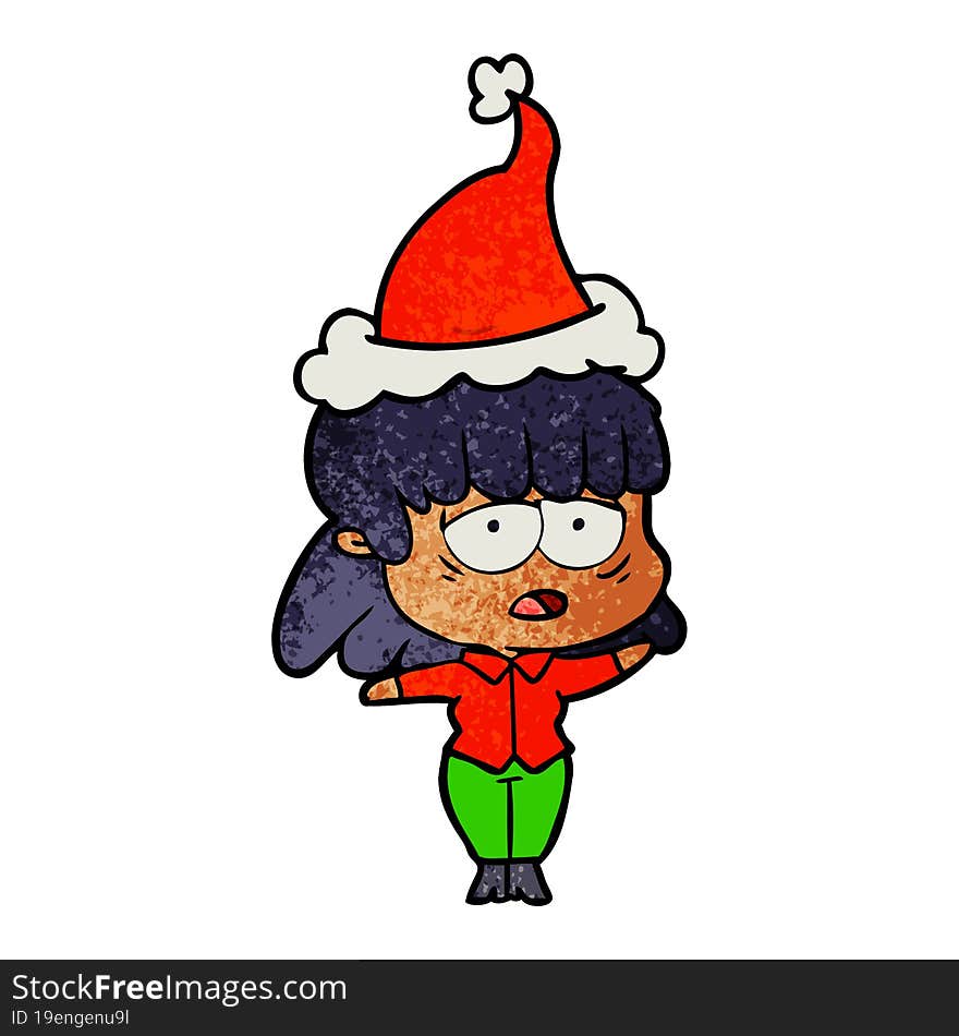 Textured Cartoon Of A Tired Woman Wearing Santa Hat