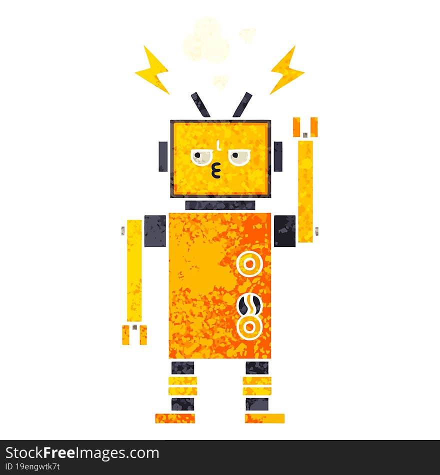 retro illustration style cartoon of a malfunctioning robot