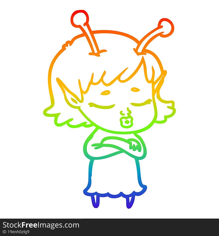 rainbow gradient line drawing cute alien girl cartoon