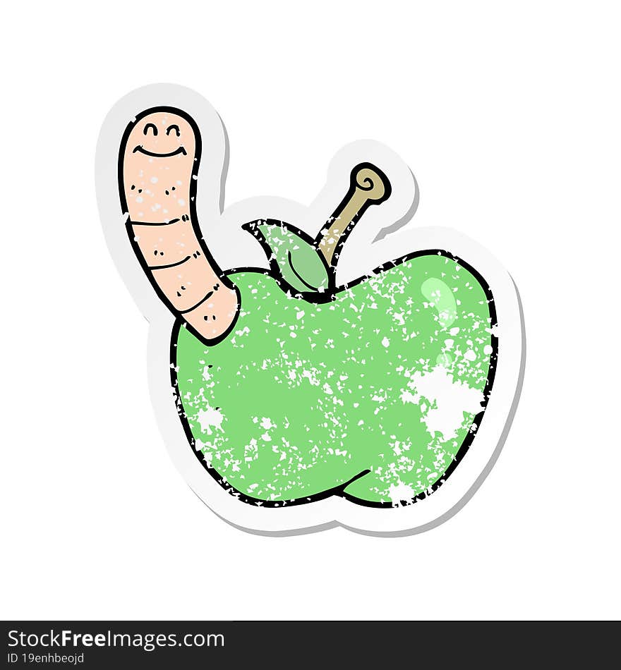 retro distressed sticker of a cartoon apple with worm