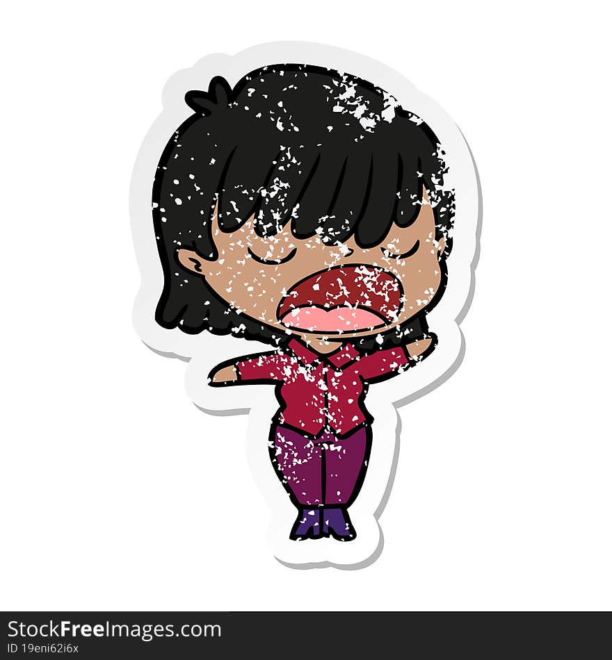 distressed sticker of a cartoon woman talking loudly