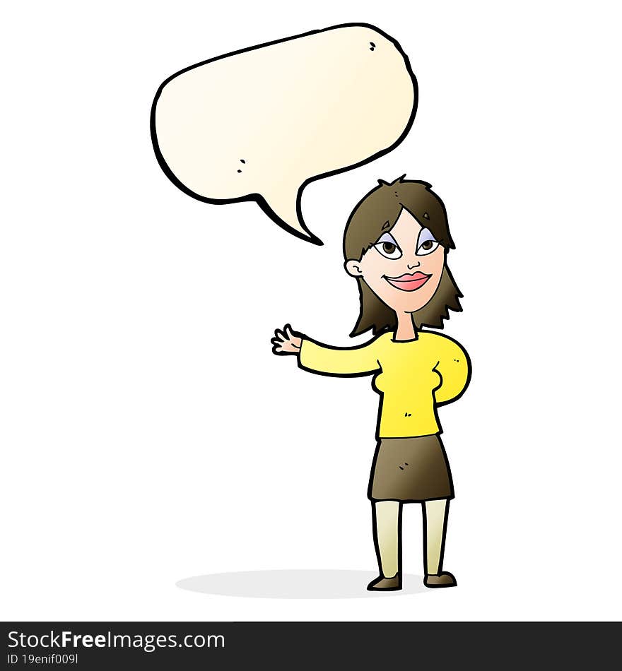 cartoon woman gesturing to show something with speech bubble