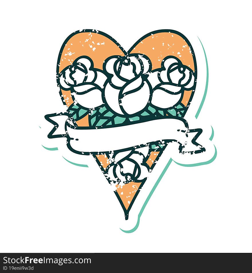 iconic distressed sticker tattoo style image of a heart and banner with flowers. iconic distressed sticker tattoo style image of a heart and banner with flowers