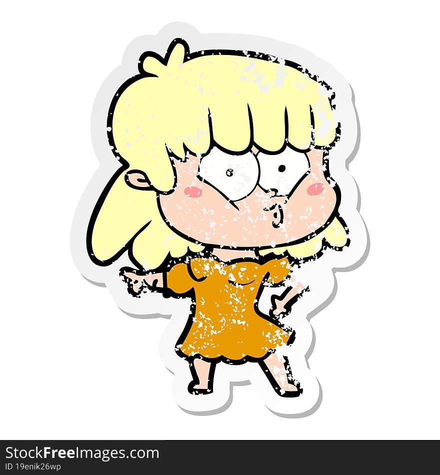 Distressed Sticker Of A Cartoon Whistling Girl