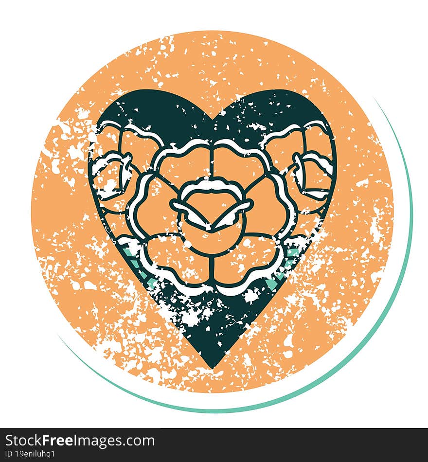 iconic distressed sticker tattoo style image of a heart and flowers. iconic distressed sticker tattoo style image of a heart and flowers