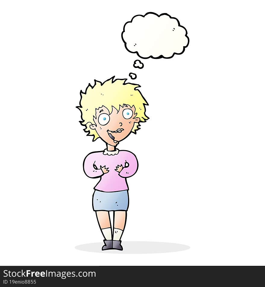 cartoon excited woman with thought bubble