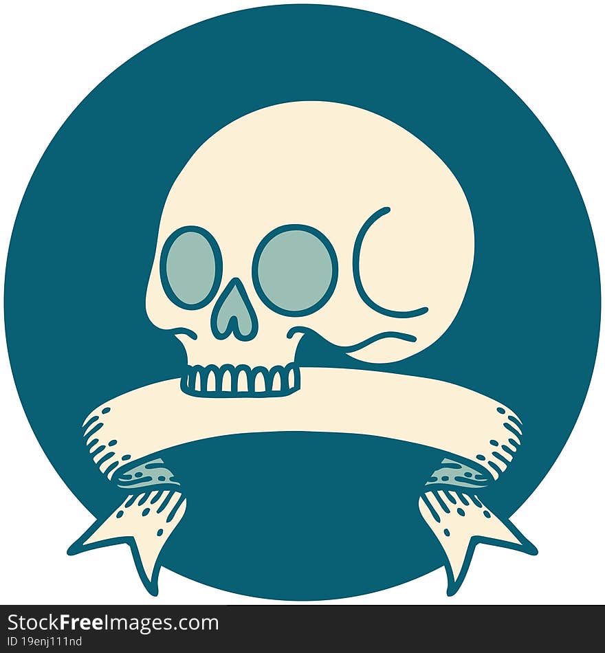 tattoo style icon with banner of a skull