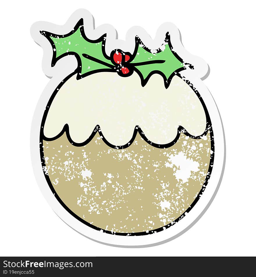 distressed sticker of a quirky hand drawn cartoon christmas pudding