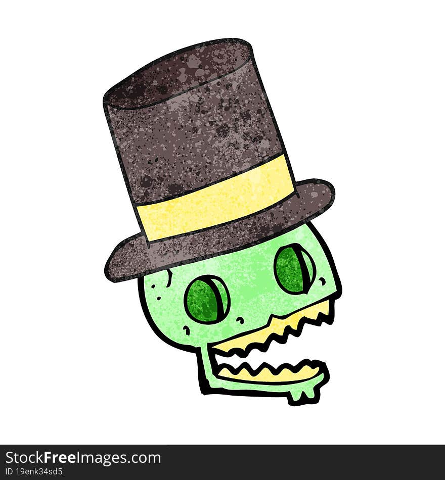 freehand textured cartoon laughing skull in top hat