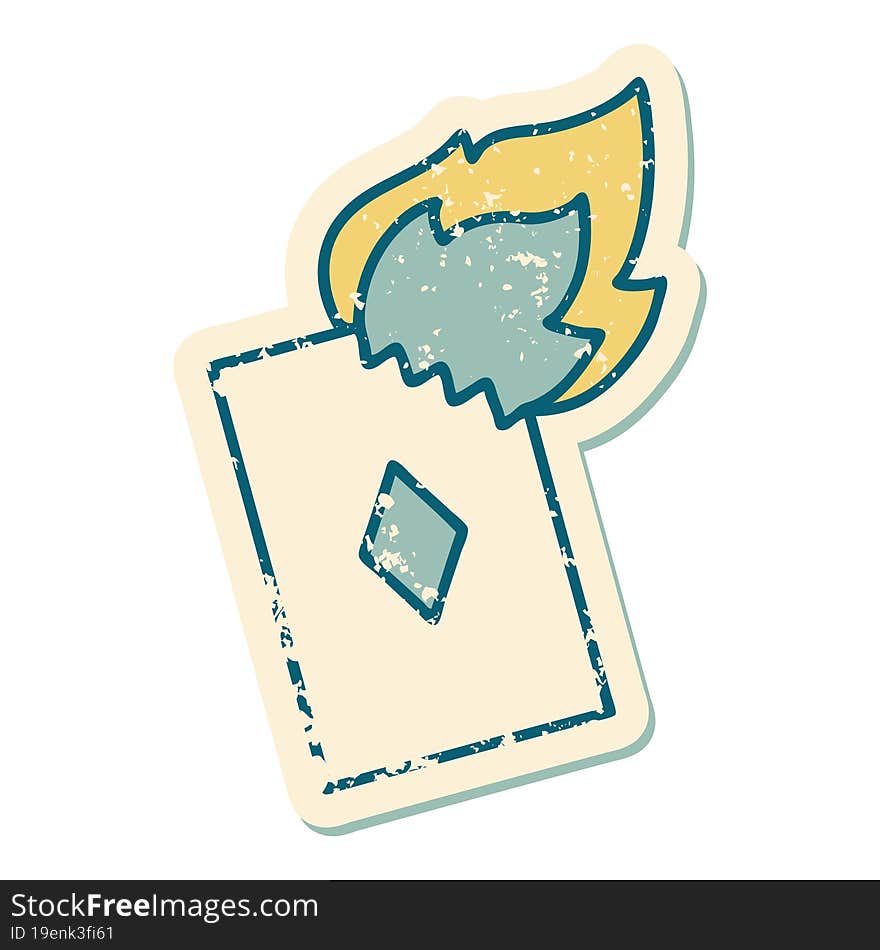 distressed sticker tattoo style icon of a flaming card