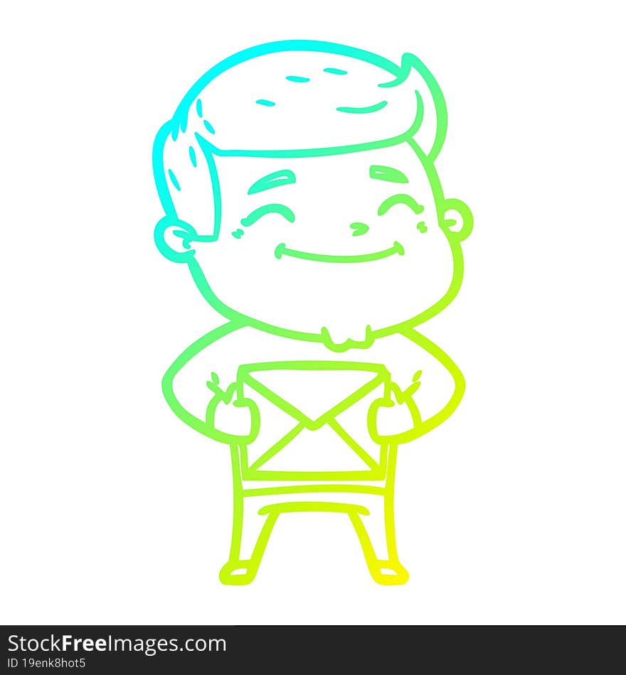 cold gradient line drawing of a happy cartoon man with parcel