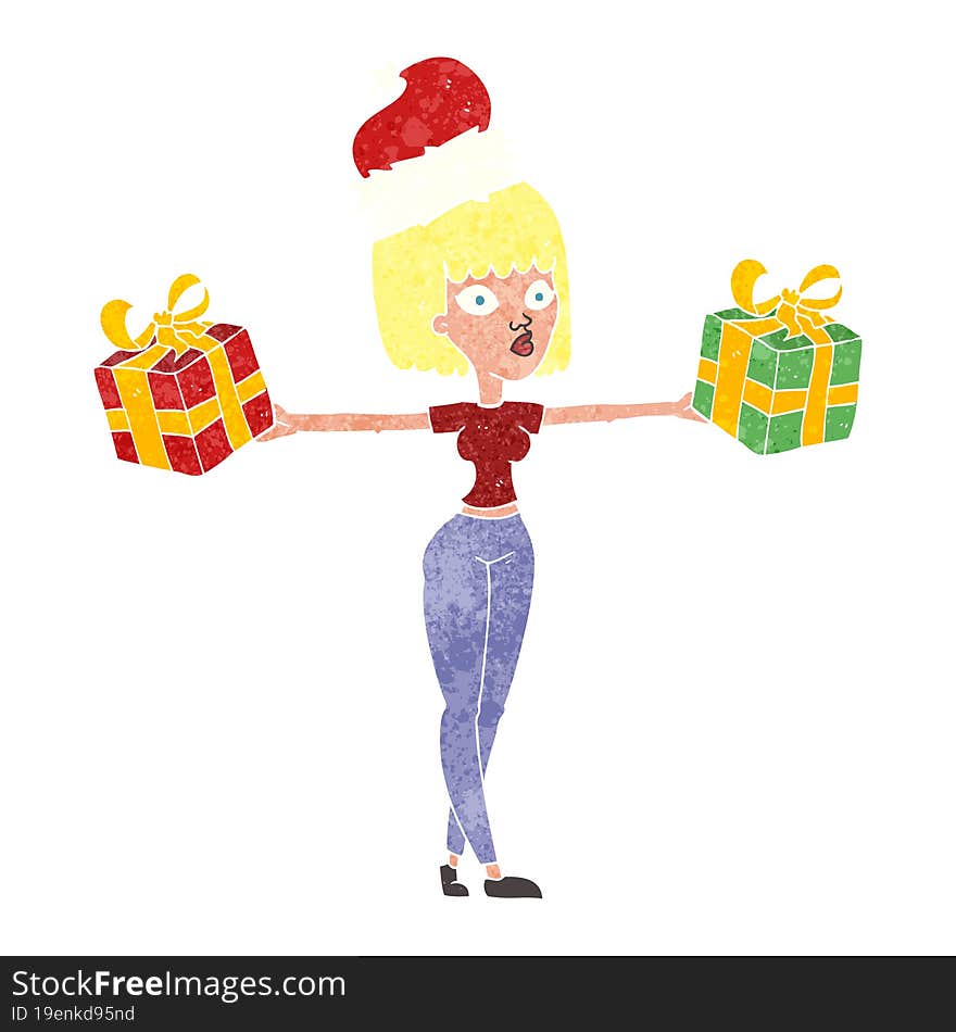 freehand retro cartoon woman with xmas presents