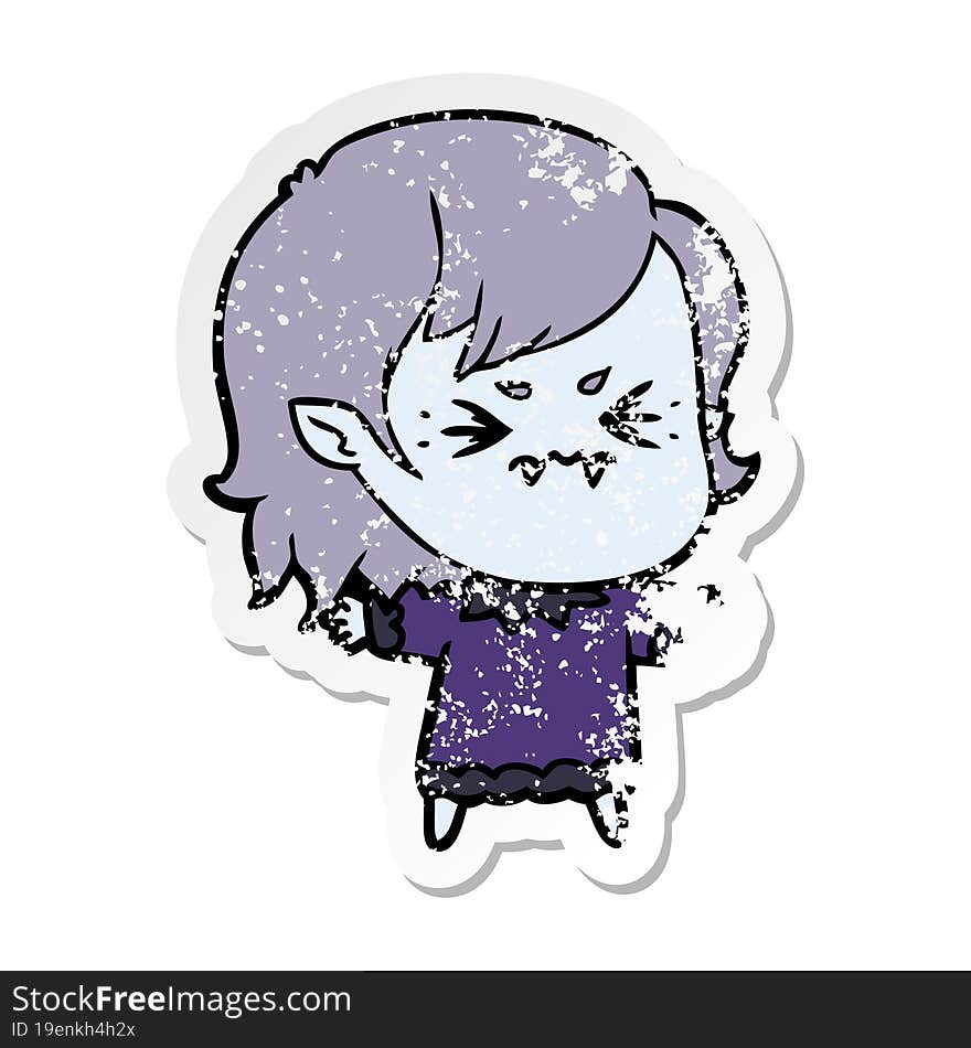 Distressed Sticker Of A Annoyed Cartoon Vampire Girl