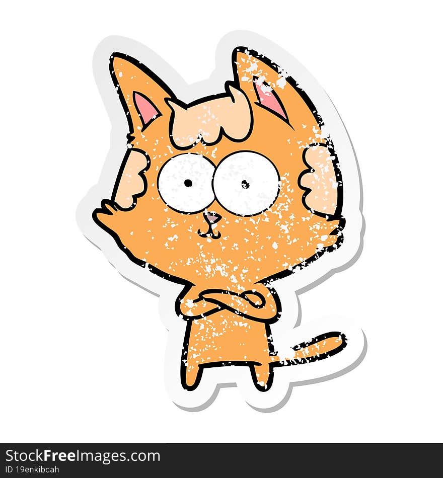 distressed sticker of a happy cartoon cat