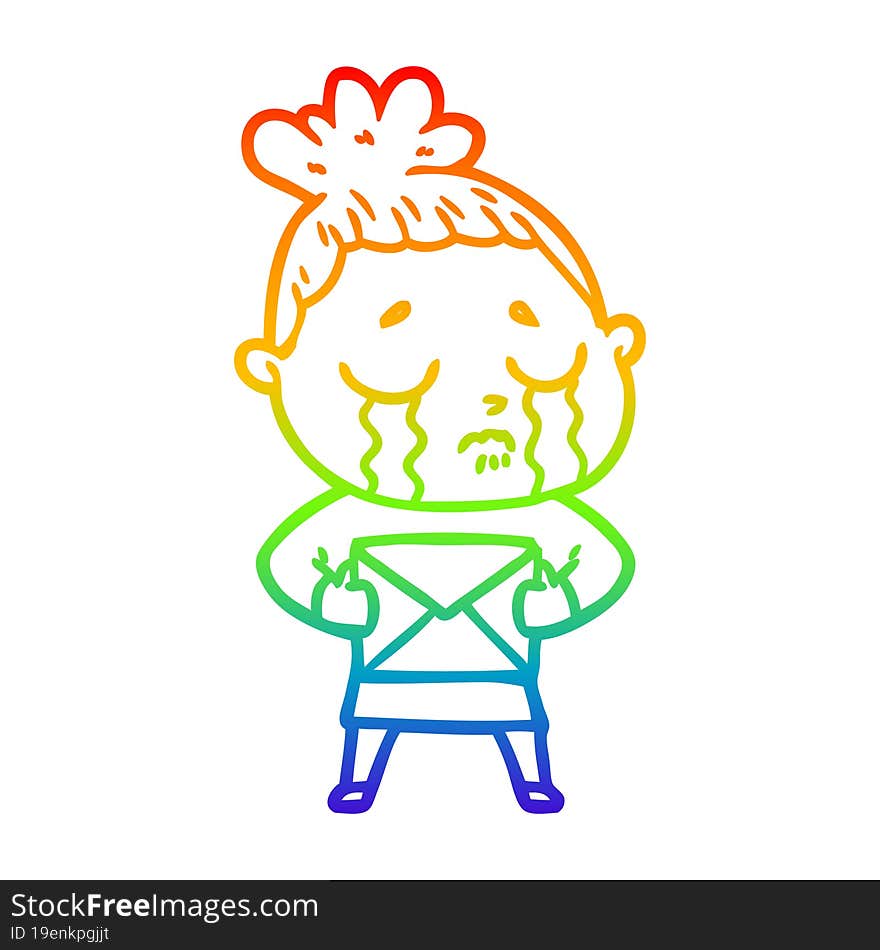 rainbow gradient line drawing cartoon crying woman with letter