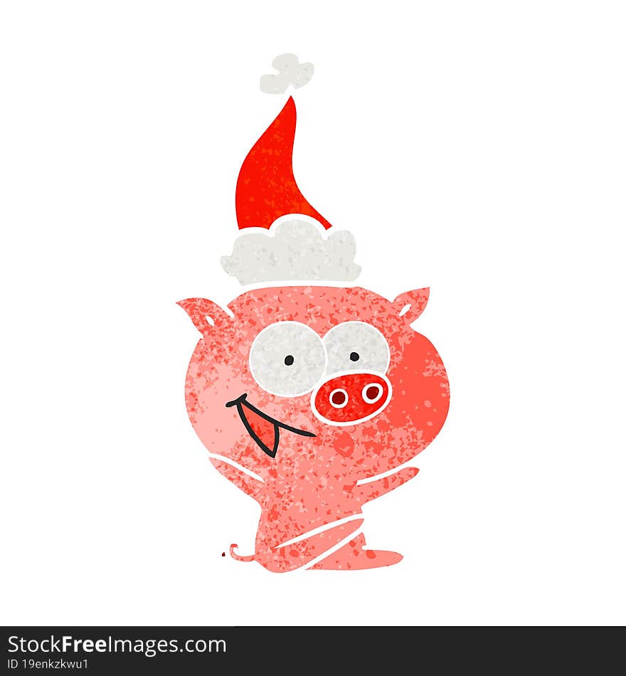 cheerful sitting pig hand drawn retro cartoon of a wearing santa hat. cheerful sitting pig hand drawn retro cartoon of a wearing santa hat