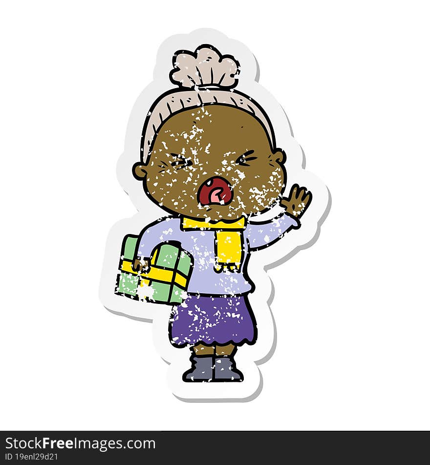 Distressed Sticker Of A Cartoon Angry Old Woman