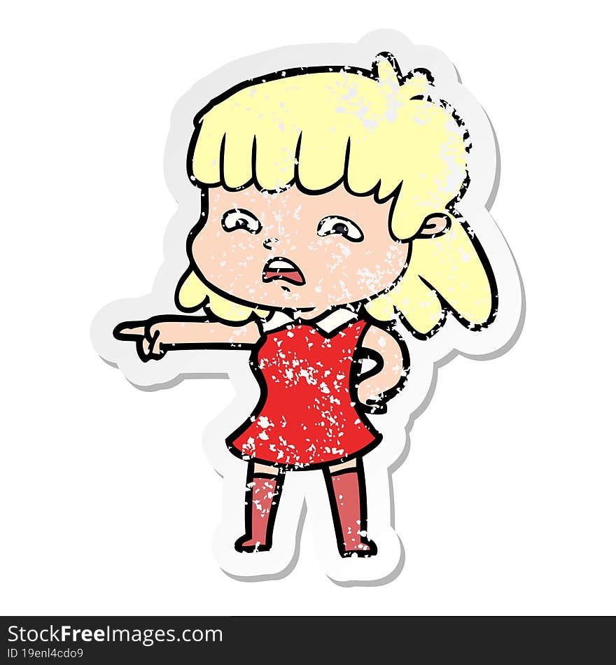 distressed sticker of a cartoon worried woman